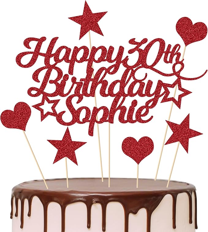 Personalized Happy Birthday Cake Topper Customized with Any Age Name Party Cake Decoration 16 18 21 40 60 Double Sided Glitter Card Red