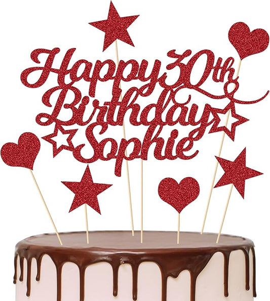 Personalized Happy Birthday Cake Topper Customized with Any Age Name Party Cake Decoration 16 18 21 40 60 Double Sided Glitter Card Red