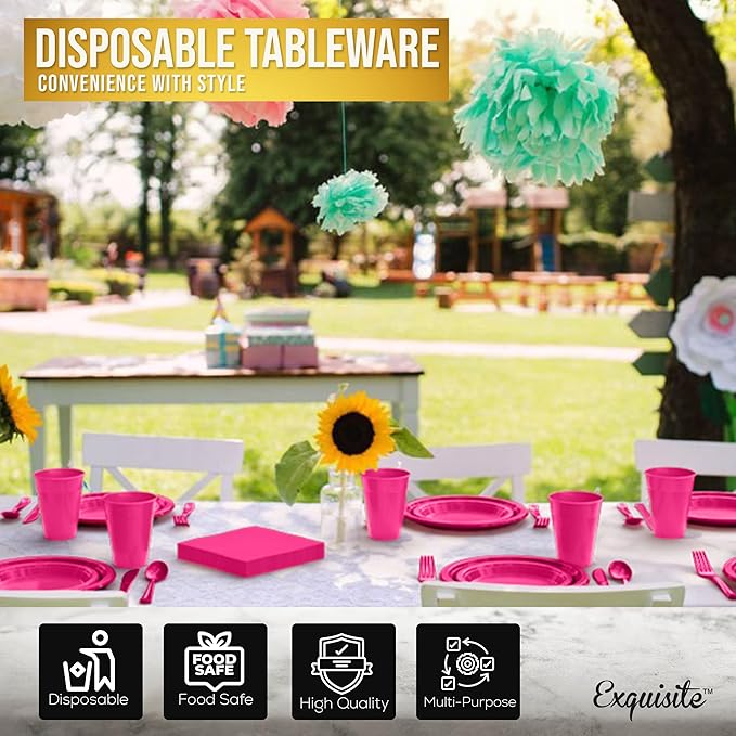 Party Solids 350 Pieces Cerise Plastic Plates For Party, Cerise Disposable Plates Set, 50 Of Each 9" Dinner Plate Set, 7" Dessert Plate, Cups, Napkins & Cutlery Plastic Dinnerware