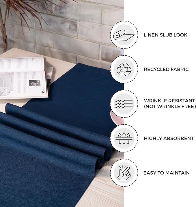 D'Moksha Homes Navy Blue Table Runner 14 x 108 Inch - Faux Linen Table Runner 108 Inches Long - Wrinkle Resistant, Machine Washable for Fall, Thanksgiving, Holiday - 100% Recycled Fabric
