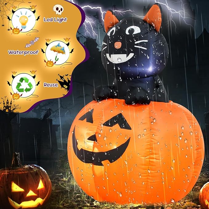 4FT Black Cat Halloween Pumpkin Inflatable Decoration Blow up Decoration with LED Lights Indoor Outdoor Yard Graden Holiday Party Decor