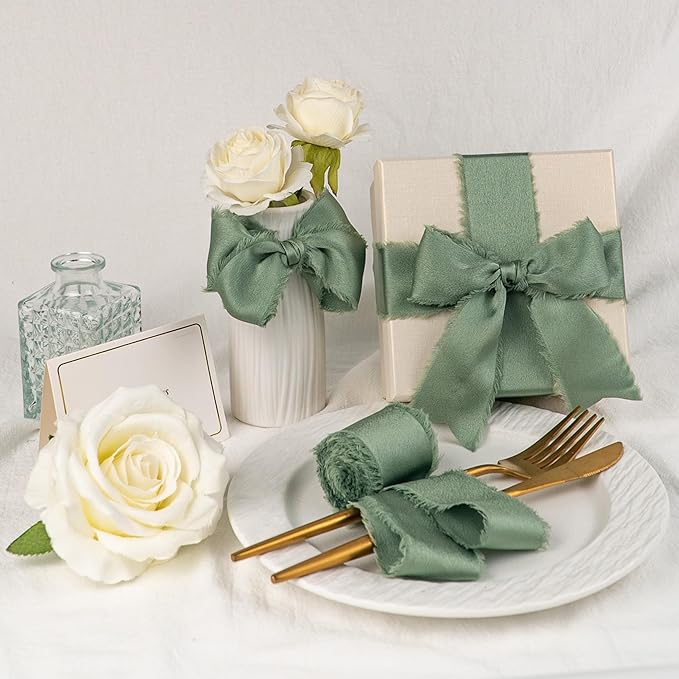 Satin Silk Ribbon, Sage Green Ribbon for Wrapping, 1-1/2 inch x 15 Yd Handmade Frayed Fringe Ribbons, for Wedding Engagement Birthday Showers Craft Flower Bouquet Invitation Decor, 3 Rolls