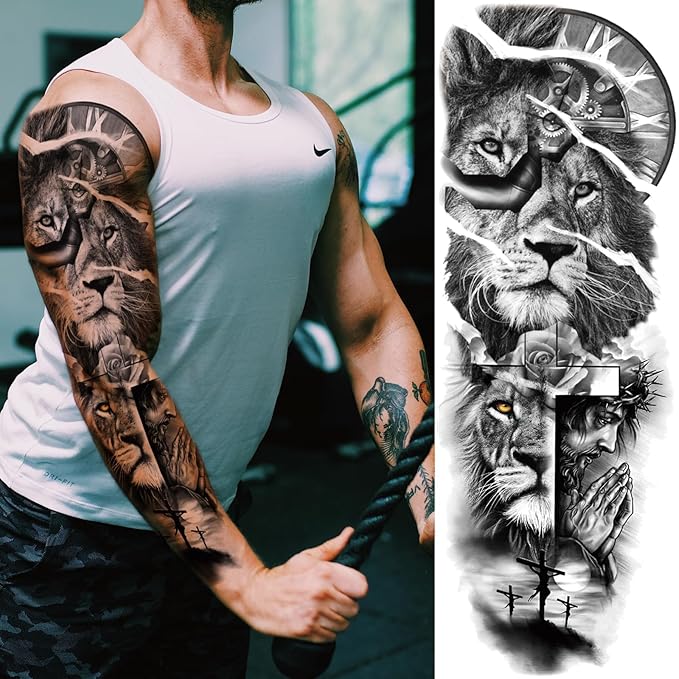 Christian Cross Temporary Tattoo Sleeve for Men, 4-Sheet Full Arm Large Religious God Jesus Fake Tattoo Sleeve Women Adult and 4-Sheet Realistic Lion Cross Christ Pray Half Temp Tatoo Sticker Leg Body