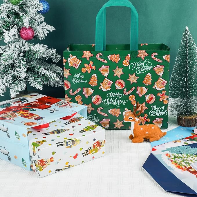 NESCCI 32 Pack Christmas Gift Bags,4 Different Sizes Of Gift Bags,Christma Tote Bags with Handles,Reusable Non-Woven Christmas Bags,Used for Xmas Gifts Packaging, Shopping,Party
