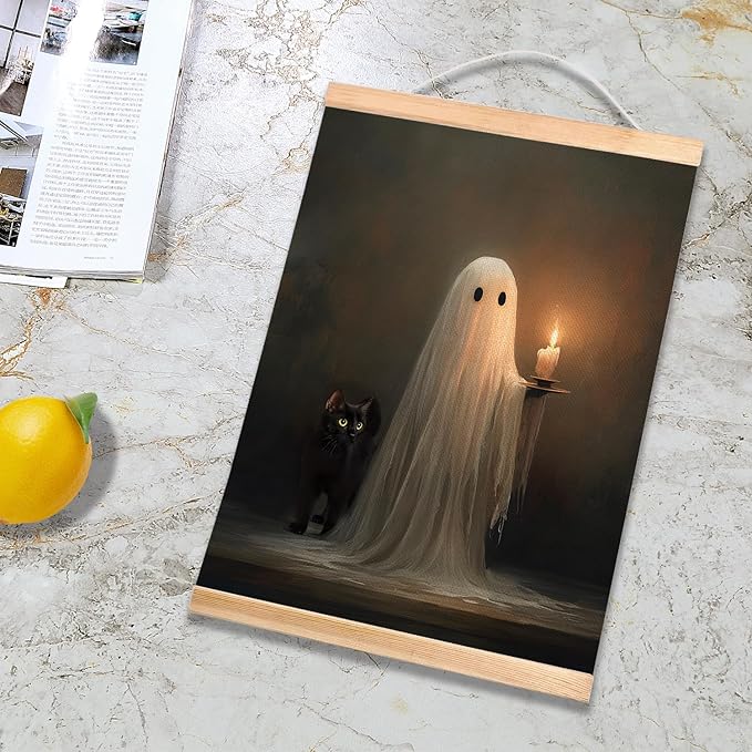 HEYJEEPER Halloween Ghost Holding Candle Linen Canvas Wall Art 18.5x14 Inch, Vintage Spooky Black Cat Gothic Wall Hanging Poster, Retro Haunted Night Decor for Living Room Bedroom Holiday Gift(BLK02)
