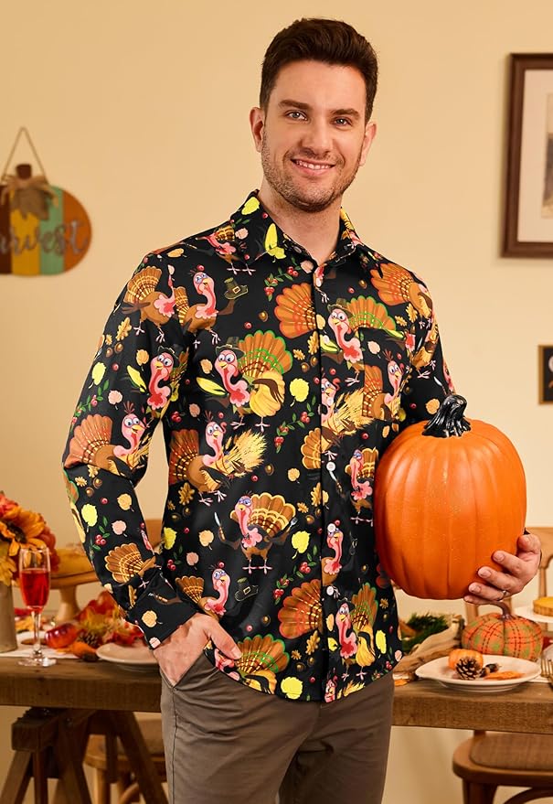 Arvilhill Men's Thanksgiving Long Sleeve Shirt Turkey Pattern Button Down Shirts Family Gathering Fall Festival Wear (S-3XL)