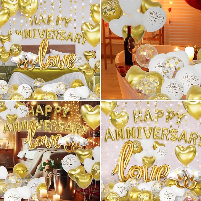 Gold and White Anniversary Decorations Valentines Day Decorations,Gold and White Valentines Day Balloons with Happy Anniversary Banner Heart Balloons Heart Rose Petals for Valentines Decorations