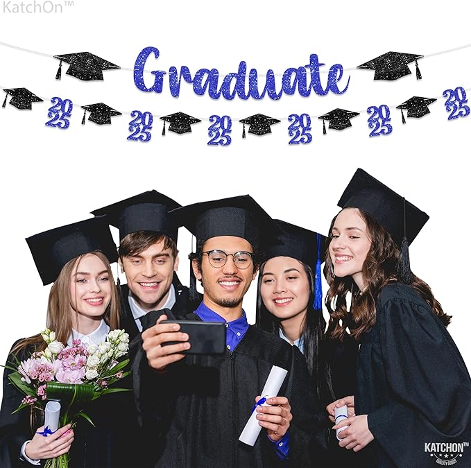 KatchOn, Glitter, Black and Blue Graduation Banner - 10 Feet | Congrats Grad Banner | Black and Blue Grad Decorations Class of 2025 | graduation Cap Garland | Graduation Decorations 2025