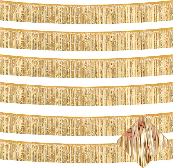 6 Pack 10 Feet Foil Fringe Garland Metallic Tinsel Streamers Banner Wall Hanging Curtain Backdrop for Parade Floats, Wedding, Disco, Birthday, Halloween, Christmas Party Decorations(Champagne Gold)