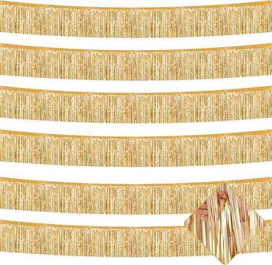 6 Pack 10 Feet Foil Fringe Garland Metallic Tinsel Streamers Banner Wall Hanging Curtain Backdrop for Parade Floats, Wedding, Disco, Birthday, Halloween, Christmas Party Decorations(Champagne Gold)