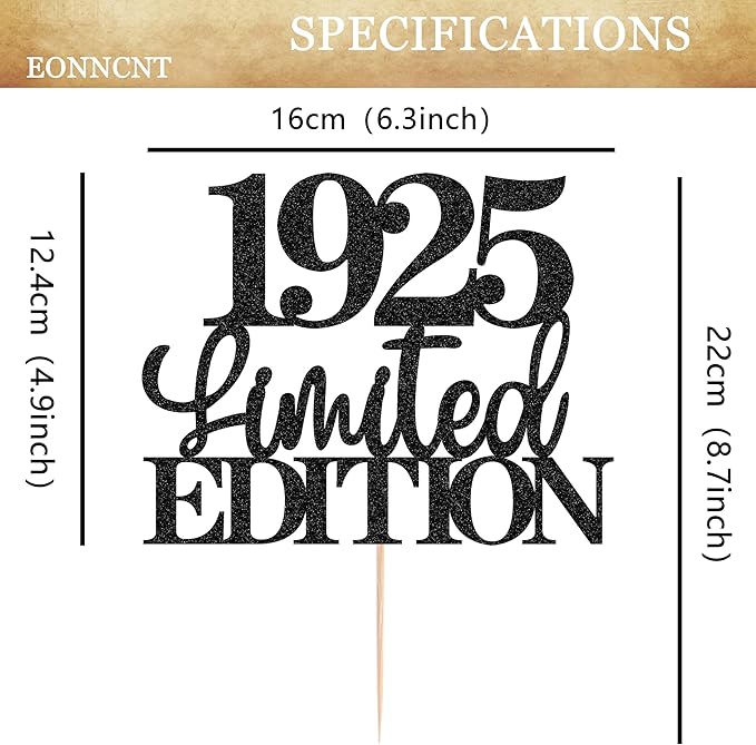 Limited EDITION 1925 Cake Topper - Black Glitter Happy 100th Birthday Party Cake Decoration Supplies, Cheer to 100 Years Cake Bunting Decor for 100th Birthday Party Photo Booth Props