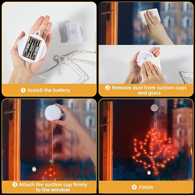 BlcTec Thanksgiving Window Lights 2 Pack 10Inch Maple Leaves Lights with Suction Cups, Timer, Battery Operated Metal Frame Window Lights for Fall Harvest Thanksgiving Decorations, Red