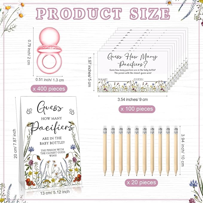 Roowest 512 Pcs Baby Shower Games Guess How Many Pacifiers Sign 100 Small Guessing Games 10 HB Pencils 750ml Milk Bottle 400 Acrylic Pacifiers Decoration for Guest Gender Reveal(Pink,Bloom)