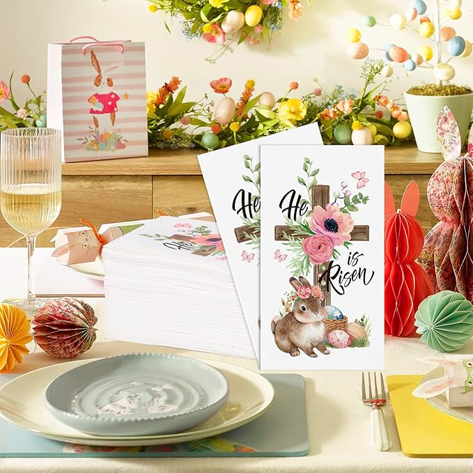 100Pcs He is Risen Napkins Disposable Easter Paper Napkins, Religious Bunny Cross Egg Flowers Spring Guest Napkins Hand Towels for Easter Decorative Dinner Kitchen Bathroom Home Party Supplies