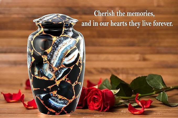 Memorial Cremation Urns for Human Ashes | Handcrafted Large Burial Marble Finish Adult Cremation Urn, Funeral Decorative Urns for Female & Male | 200 lbs with Velvet Bag (Luxury Black)