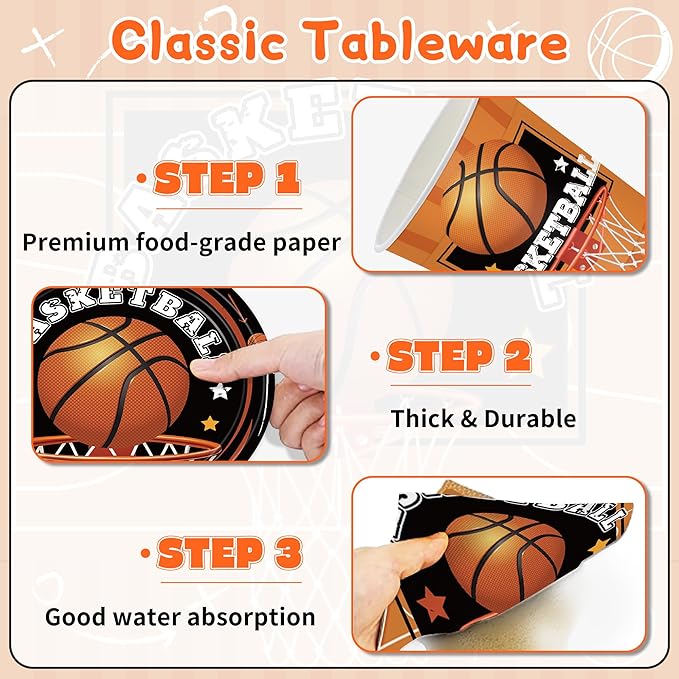140pcs Basketball Birthday Party Supplies Basketball Sports Theme Birthday Party Supplies Tableware Set, Include Basketball Plates and Napkins Set for Boy Basketball Party Decorations Serves 20