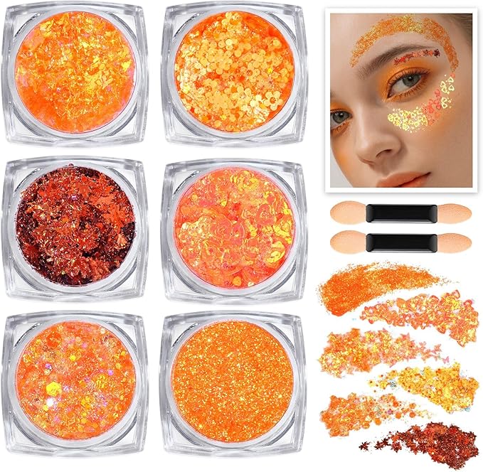 Teenitor Face Glitter, Orange Body Glitter Gel, Holographic Glitter for Face and Body, Hair, Makeup for Festival Party Cheer Makeup