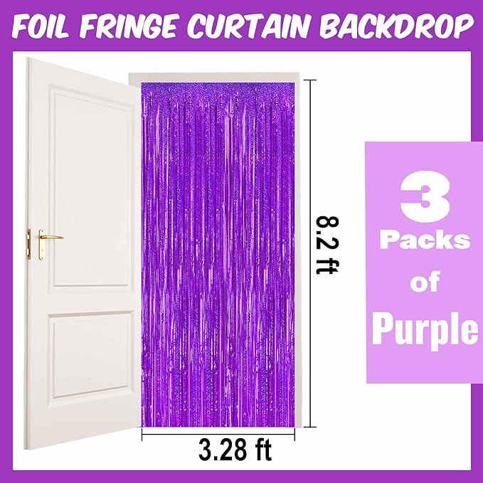 3 Pack Purple Foil Fringe Curtains Backdrop, 3.28 x 8.2 Ft Metallic Streamers Tinsel Curtains Background for Photo Booth, Birthday, Christmas, Halloween, Thanksgiving, New Year Party Decorations