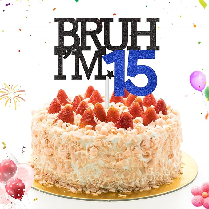 Bruh I'm 15 Cake Topper, Happy 15th Birthday Decorations for Boy, Funny 15th Birthday Cake Topper Birthday Party Decoration Supplies