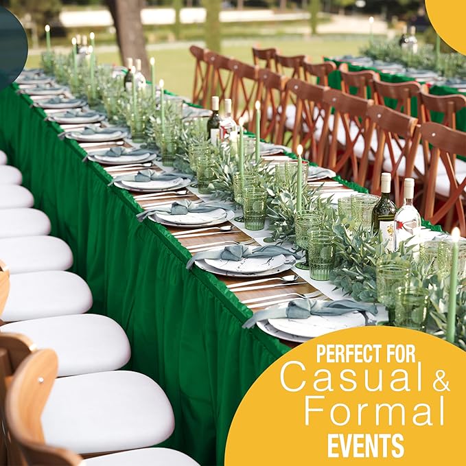 Exquisite Ruffle Table Skirt Emerald Green 2 Pack 14 Ft Long Table Skirts for Rectangle Tables 6ft Plus or Round Tables Skirts with Adhesive Strip for Gender Reveal Decor & Happy Birthday Parties