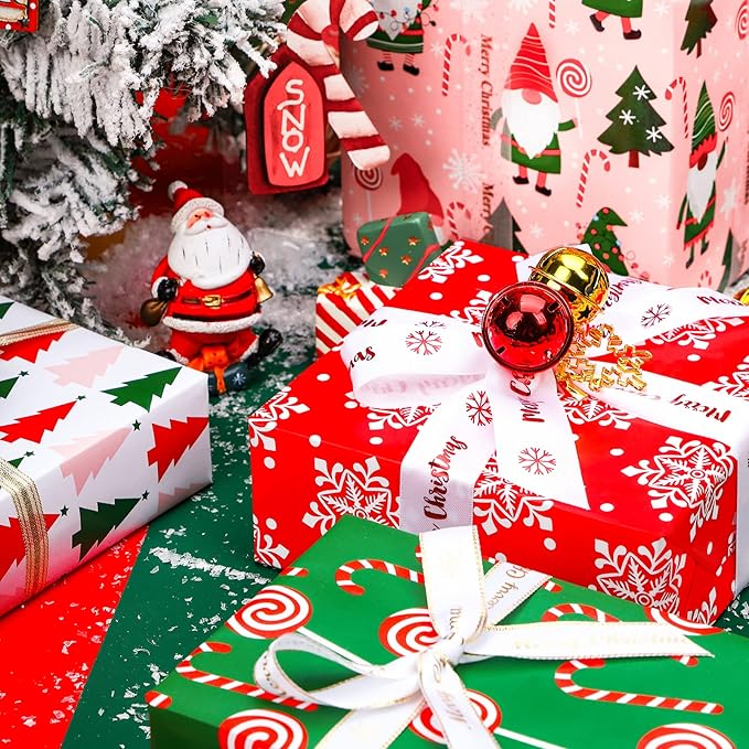 WRAPAHOLIC 30 Inch Christmas Wrapping Paper Roll - Jumbo Roll Red, Green and Pink Christmas Gnome Elf Holiday Collection - 4 Rolls - 30 Inch x 120 Inch Per Roll