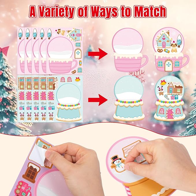 CY2SIDE Christmas Snow Globe House Stickers - 40PCS Pink Gingerbread House Make a Face Sticker Sheets for Kids School Reward, DIY Crystal Ball Sticker Game Xmas Winter Party Favor for Home Fun Project