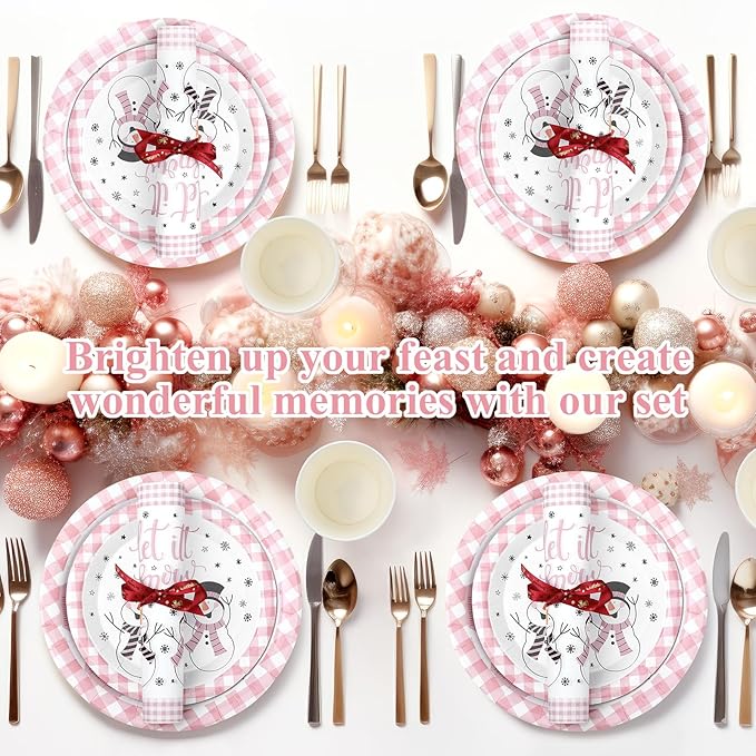 250 Pcs Christmas Snowman Paper Plates and Napkins Party Supplies Pink White Buffalo Plaid Winter Disposable Tableware Set for Christmas Winter Holiday Xmas Party Decoration