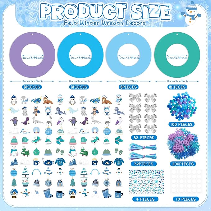 Moucuny 620/600 Pcs Winter Wreath Craft Kits DIY Snowman Christmas Wreath Crafts Kits Xmas Winter Home Decorations for Party Favors(Polar,Purple, Cyan, Light Blue, Dark Blue)