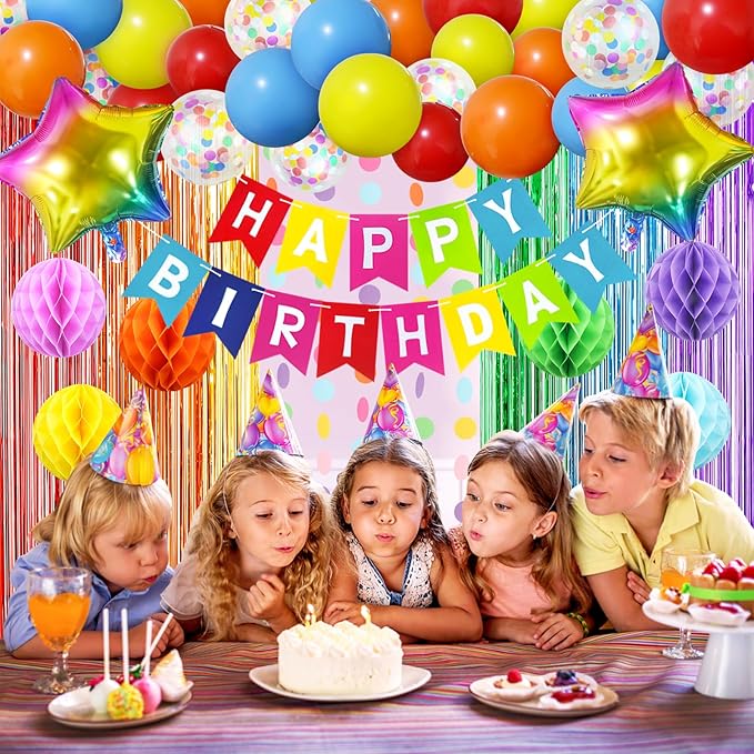 ZERODECO Rainbow Birthday Decorations, Multicoloured Fringe Backdrop Happy Birthday Banner Honeycomb Balls Pompoms Foil Balloons for Kid Baby Boy Girl Colorful Party Decorations