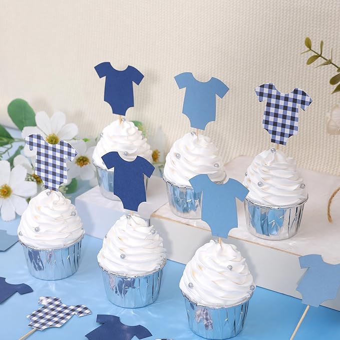 Navy Bodysuit Cupcake Topper - Baby Shower Decoration Navy Gingham Cake Topper,Baby Shower Bunting (navy-topper)