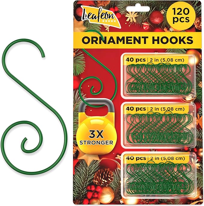 Leafeon 120 pcs Christmas Ornament Hooks – Green S-Shaped Christmas Ornament Hangers – Ornament Hooks for Christmas Trees