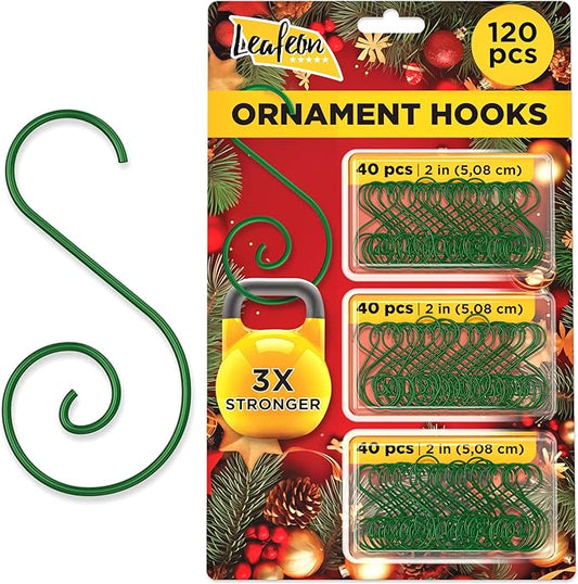 Leafeon 120 pcs Christmas Ornament Hooks – Green S-Shaped Christmas Ornament Hangers – Ornament Hooks for Christmas Trees