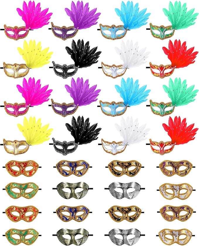 Sratte Couple Masquerade Mask with Feather Flower Unisex Half Face Venetian Mask for Mardi Gras Party