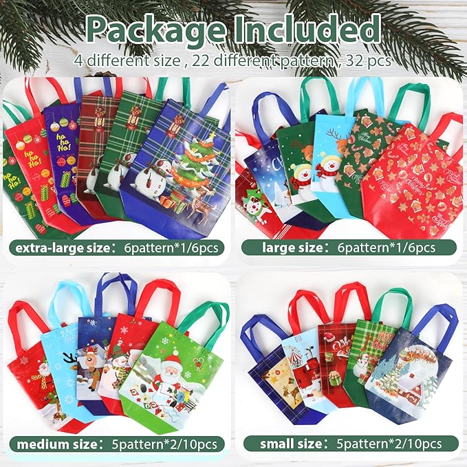 NESCCI 32 Pack Christmas Gift Bags,4 Different Sizes Of Gift Bags,Christma Tote Bags with Handles,Reusable Non-Woven Christmas Bags,Used for Xmas Gifts Packaging, Shopping,Party