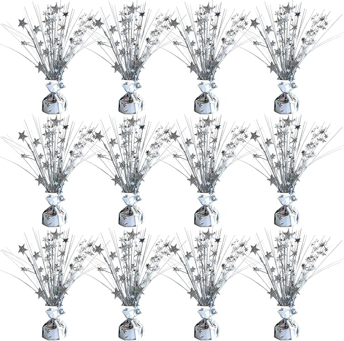 12 Pack Metallic Sliver Foil Spray Centerpieces Stars Brust Table Centerpieces for Wedding Birthday Anniversary Holiday Party Decor, Metallic Star Balloon Wights for Party, Decor for Party
