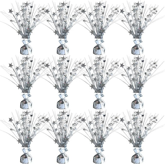 12 Pack Metallic Sliver Foil Spray Centerpieces Stars Brust Table Centerpieces for Wedding Birthday Anniversary Holiday Party Decor, Metallic Star Balloon Wights for Party, Decor for Party