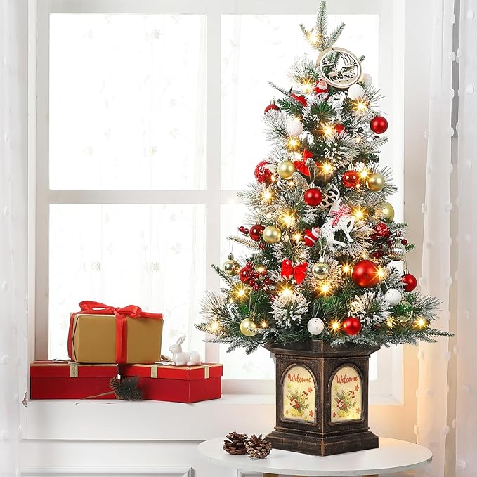 3 ft Prelit Premium Snow Flocked Artificial Christmas Tree with 8 Mode Warm White Led, Mini Prelit Xmas Pine Tree for Christmas Decoration,Yard,Home,Office,Outdoor,Indoor