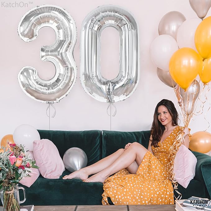 KatchOn, Silver 30 Balloon Numbers - 40 Inch | 30 Number Balloons | 30th Birthday Decorations for Her, Him | 30th Anniversary Decorations | Silver Birthday Decorations
