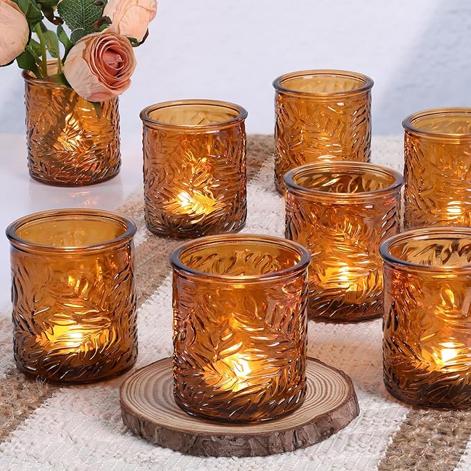 24 pcs Amber Votive Candle Holders, Tea Light Candle Holders for Wedding Centerpieces, Glass Candle Holder for Vintage Home Christmas Decoration Party Supplies
