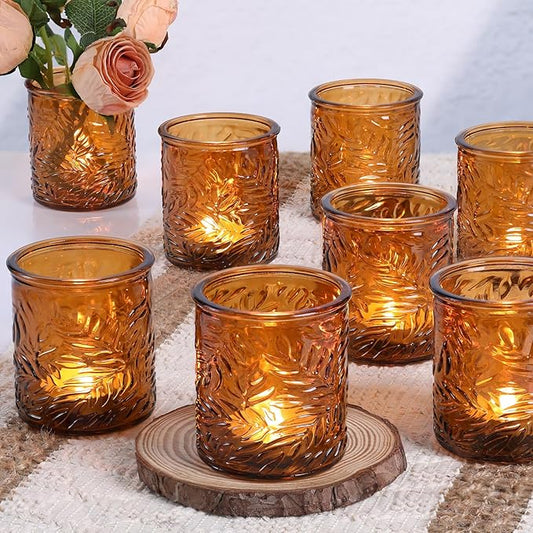 24 pcs Amber Votive Candle Holders, Tea Light Candle Holders for Wedding Centerpieces, Glass Candle Holder for Vintage Home Christmas Decoration Party Supplies