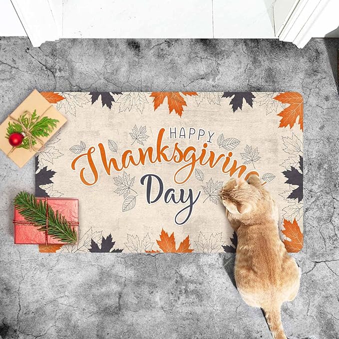 InterestPrint Happy Thanksgiving Day Door Mat Outdoor for Front Door, Fall Maple Leafs Welcome Doormat Non-Slip Washable Autumn Leaves Doormat Entrance Rug for Indoor Outdoor, 24"x16"inch