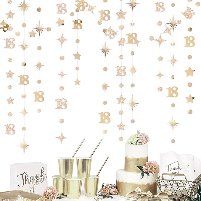 Champagne Gold 18th Birthday Decorations Number 18 Circle Dot Twinkle Star Garland Streamer Banner Backdrop for Girls Boys Happy 18th Birthday Time to Adult Cheers to 18 Years Old Anniversary Party