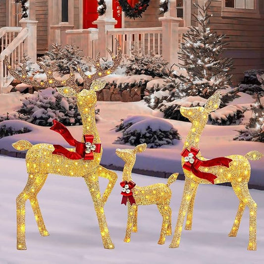 2025 New 3D 58 Inch Outdoor Lighted Reindeer Decorations, 3-Piece Christmas Deer Family Set, Large Christmas Deer Decoration with 210 LED Flashing Lights for Yard, Lawn, Gold