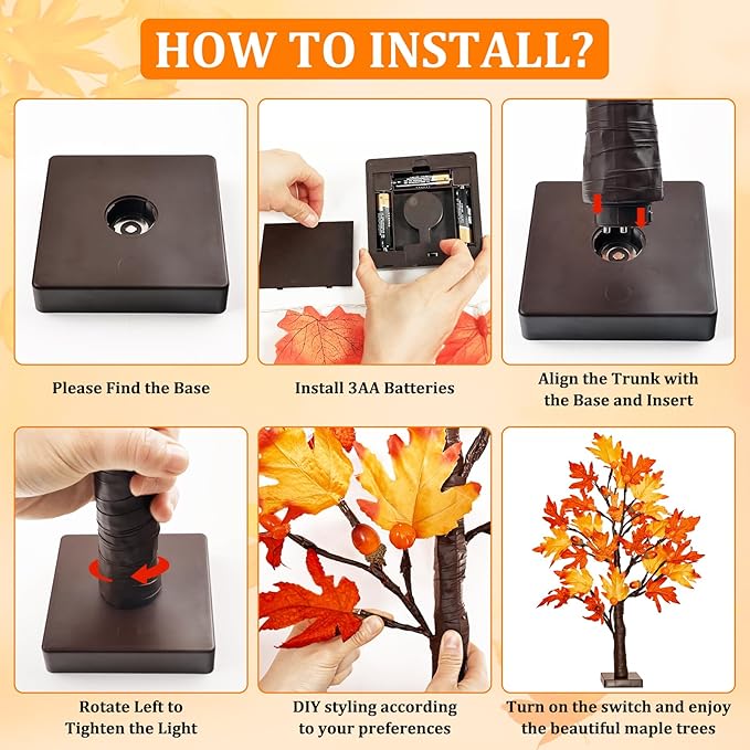 [2 Pack & Timer] 24 Inch Lighted Fall Maple Tree for Fall Decorations with 48 LED Timer Battery Operated Artificial Fall Light up Trees for Home Indoor Outdoor Autumn Harvest Thanksgiving Table Decor