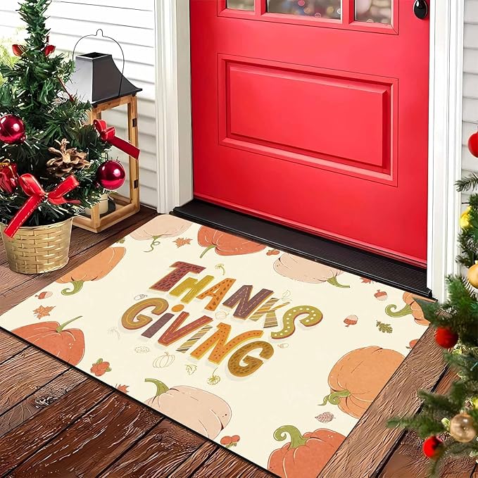 Fall Welcome Maple Leafs Decorative Door Mat, Autumn Thanksgiving Doormat for Indoor Outdoor Entrance Floor Mats,Fall Pumpkins Non Slip Harvest Vintage Decor Rubber Welcome Mats 16" x 24" Inch