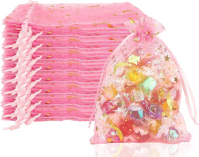 Moon Star Organza Bags 4x6 Small Mesh Bag Drawstring 50 Pcs Mesh Gift Bags Drawstring Pouch Wedding Favor Bags Jewelry Pouches Bulk Gift Pouch for Candy Soaps Birthday Festival Party Supplies, Pink