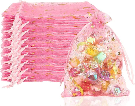 Moon Star Organza Bags 4x6 Small Mesh Bag Drawstring 50 Pcs Mesh Gift Bags Drawstring Pouch Wedding Favor Bags Jewelry Pouches Bulk Gift Pouch for Candy Soaps Birthday Festival Party Supplies, Pink