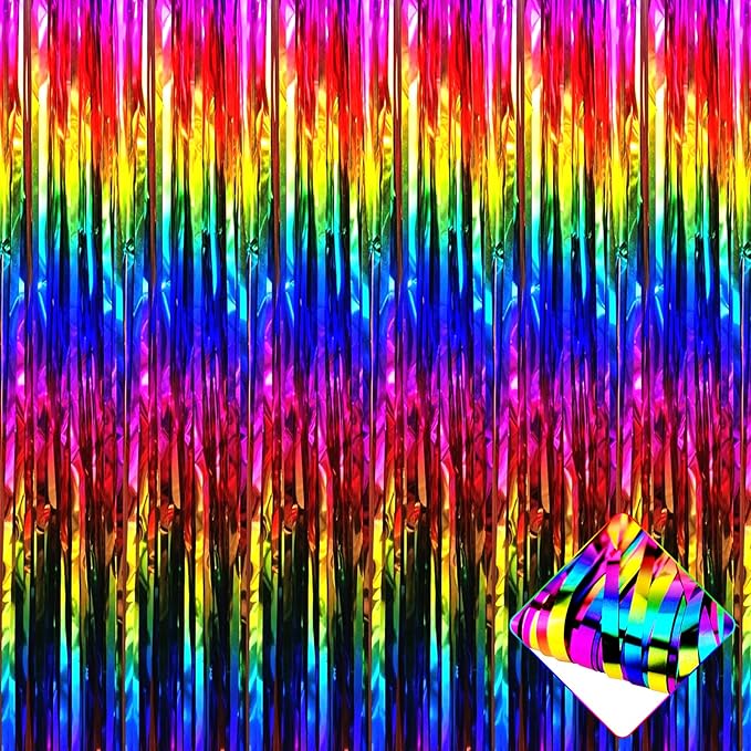4 Pack Colorful Foil Fringe Curtain Backdrop, 3.2Ft x 9.8Ft Metallic Tinsel Foil Fringe Streamers Curtains for Party, Photo Booth Prop, Birthday, Wedding, Christmas Party Decoration Supplies