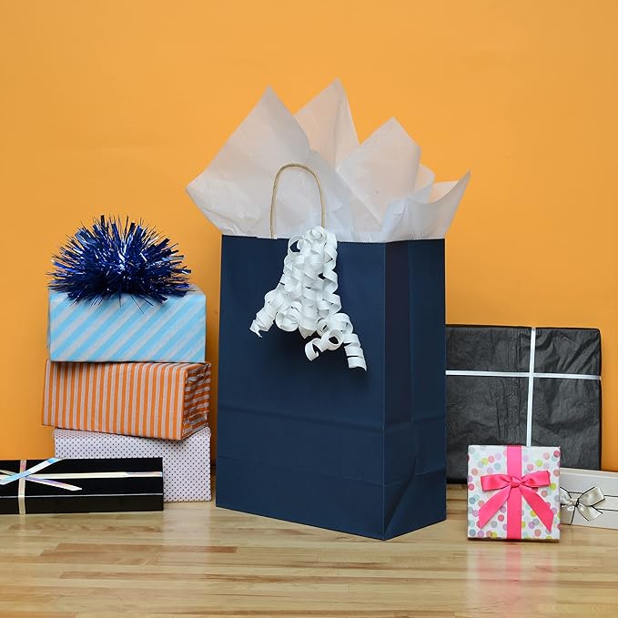 Prime Line Packaging Paper Gift Bags, Navy Blue Gift Bags with Handles, Medium Shopping Bags for Small Business, Retail, Boutiques, Graduation, Bulk, 10x5x13, 100 Pack