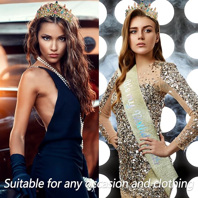 VELSCRUN Colourful Crystal Birthday Tiara Crowns for Women Girls It's My Birthday Sash Queen Girls Princess Crown with Combs Happy Birth Party Decorations Mom Sisters Birth Gift Hair Accessories